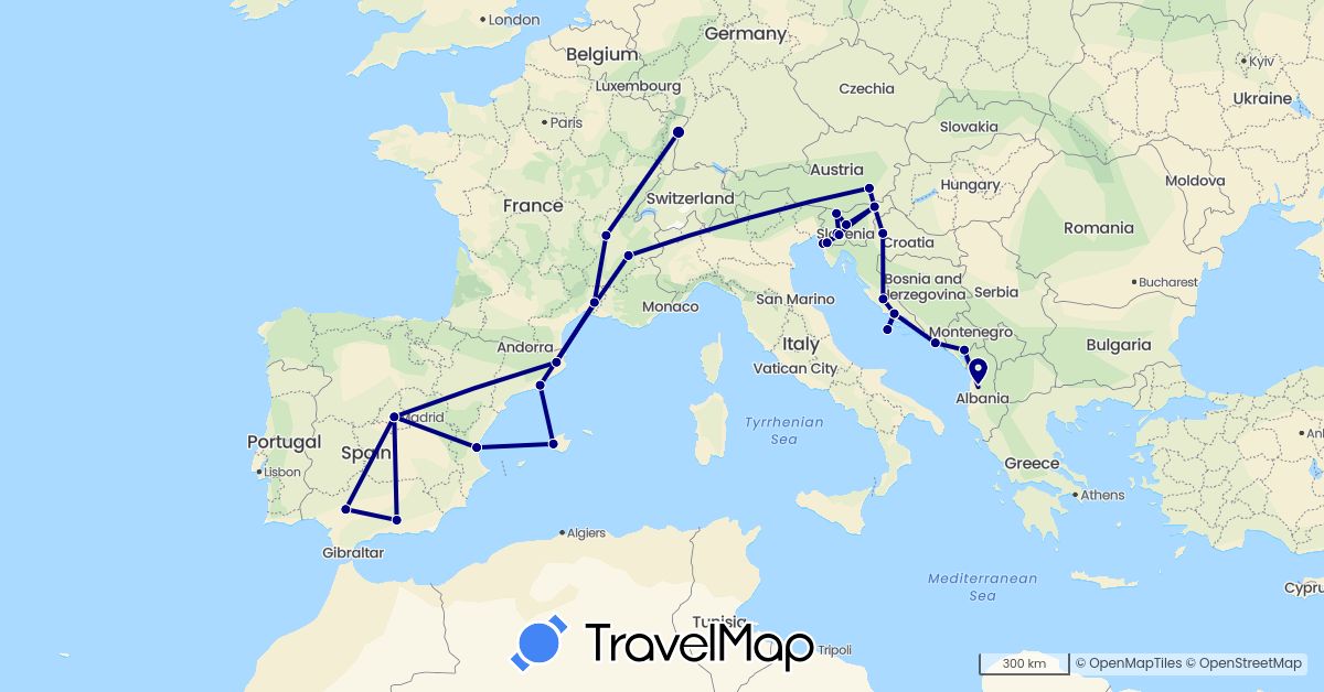 TravelMap itinerary: driving in Albania, Austria, Spain, France, Croatia, Montenegro, Slovenia (Europe)